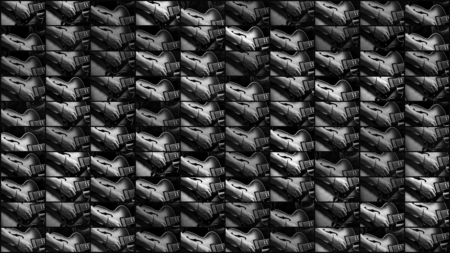 A grid of about one hundred near-identical guitarists with only faint variations, illustrating statistical averaging and the loss of diversity.